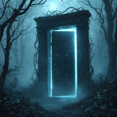 The primary subject of the image is a large, open doorway with a blue glow. The doorway is located in a forest, surrounded by trees. The visual style of the image is digital art, giving it a surreal and mysterious atmosphere. The dominant colors are blue and green, with the blue glow illuminating the doorway and the surrounding forest.